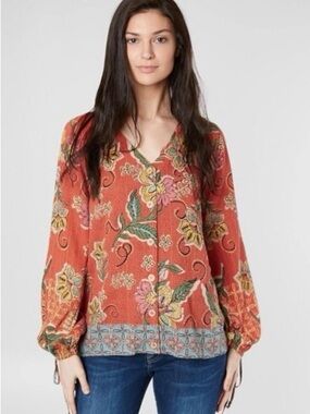 Willow & Root Orange Floral Blouse Medium Boho Tie Puff Sleeves Cottage Peasant